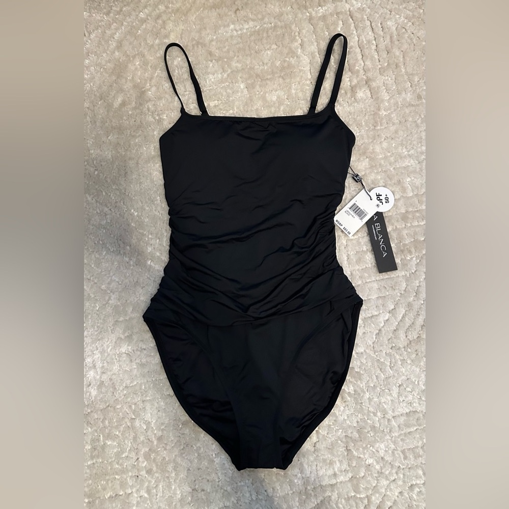 La Blanca Island Goddess One Piece Bathing Suit.  Black. Size 8